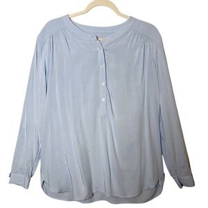 LOFT Womens Blouse Blue Large Round Neck Button Down Long Sleeve Rayon Shirt‎